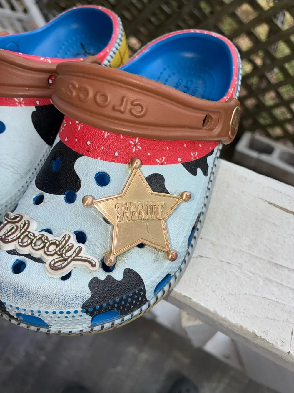 CROCS Kids Woody Cow-Print Clogs in Light Blue, Brown & Red